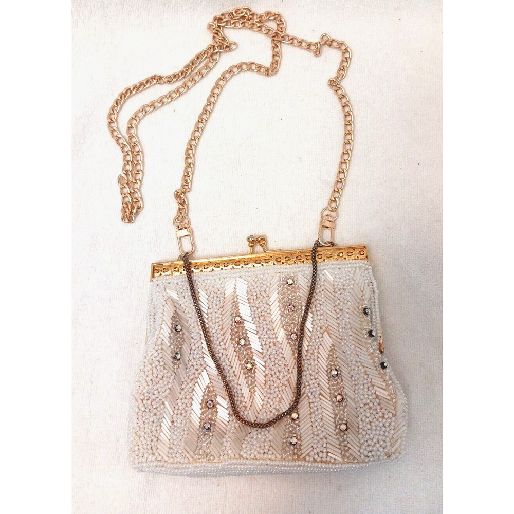 Victorian Glass BEADED Iridescent Bead 14K Plated Evening ART DECO NOUVEAU Purse